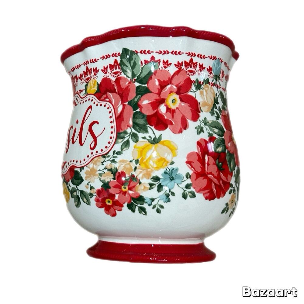 Pioneer Woman Vintage Floral Stoneware Kitchen Utensil Holder Floral Preowned - Picture 2 of 6